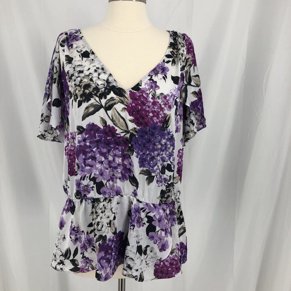 WHBM Women's Top White Purple V-Neck Cold Shoulder Comfy Floral Peplum Blouse XL